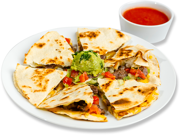 Fajita quesadilla platter with guacamole and a bowl of salsa