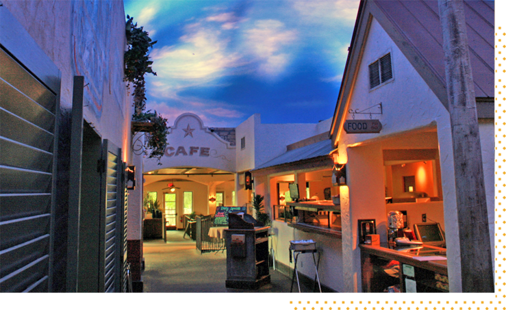 The Alamo Cafe patio bar at dusk